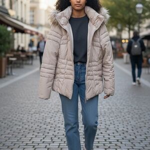 Calvin Klein Light Beige Quilted Puffer Jacket with Faux Fur Hood